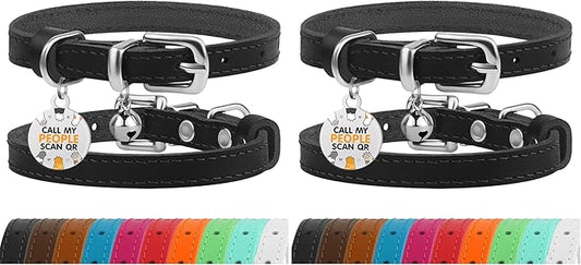 BRONZEDOG Leather Cat Collar with Removable Bells Non Breakaway Kitten QR Tag for Girl Boy (7" - 9" for Cats, Black & Silver) (Pack of 2)