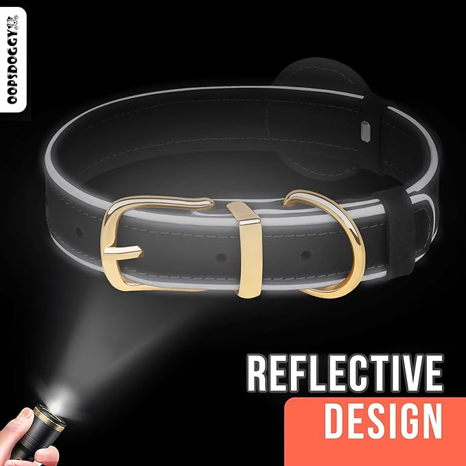 OOPSDOGGY Reflective Geniune Leather Airtag Dog Collar Soft Padded Collars for Small Medium Large Breed Dogs Puppy, 4 Sizes, 7 Colors (Brown, Small, 9"-12")