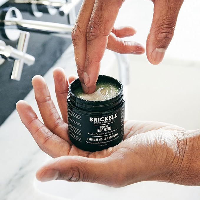 Brickell Men's Renewing Face Scrub for Men, Natural and Organic Deep Exfoliating Facial Scrub Formulated with Jojoba Beads, Coffee Extract and Pumice, 4 Ounce, Scented