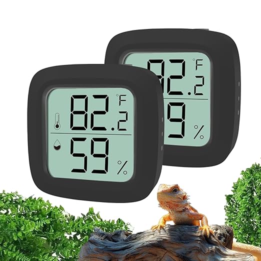 Black 2-Pack Reptile Thermometer and Hygrometer – Digital LCD Temp & Humidity Gauge for Bearded Dragon, Corn Snake, Hermit Crab, Iguana, Axolotl, Vivarium & Terrarium Setup