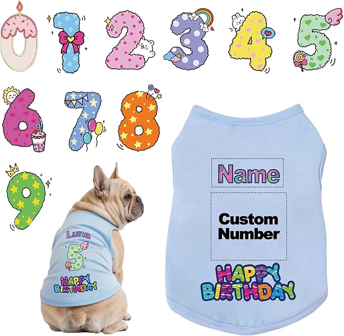 Custom Dog Birthday Shirt,Personalized Pet Apparel Print with Name Age Number,Pet Birthday Outfit,Lightweight Breathable Cotton Vest for Small Medium Large Dogs Cat (Blue, Large)