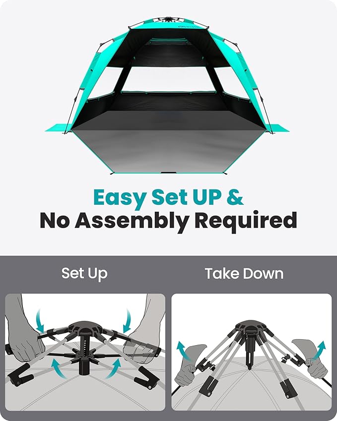 OutdoorMaster Beach Tent with Blackout Shelter Technology, Portable Beach Shade Sun Shelter Canopy for 4-6 Person with UPF 50+ UV Protection, Easy Setup Pop Up Tent Family Size