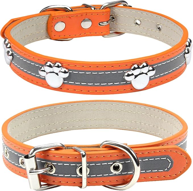 PETCARE Reflective Dog Collar with Cute Paw Rivet Studded Funny Soft PU Leather Adjustable Puppy Dog Collars for Small Medium Large Dogs Cats (Orange,Medium)