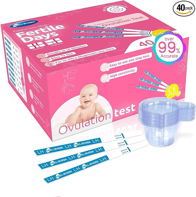 40 Pack Ovulation Tests with Cups, Bulk Ovulation Test Strips for Women, HEAL-CHECK Ovulation Predictor Kit, Accurate Fertility Tests for Home, Individually Wrapped 5mm LH Strips with Cups