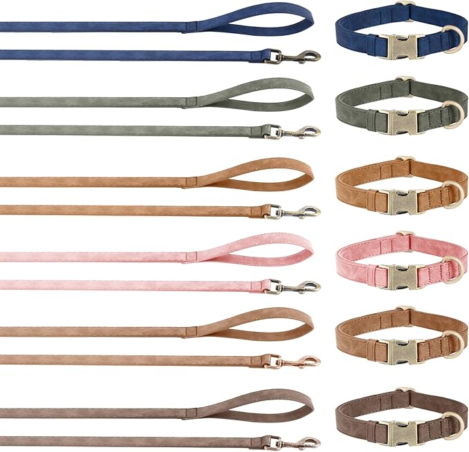 Genuine Leather Dog Collar - Adjustable Pet Collar with Quick Release Metal Buckle, Soft Skin Friendly Real Leather Collar for Small, Medium, Large Dogs (Khaki Collar + Rope, M：Fit 12-20" Neck)