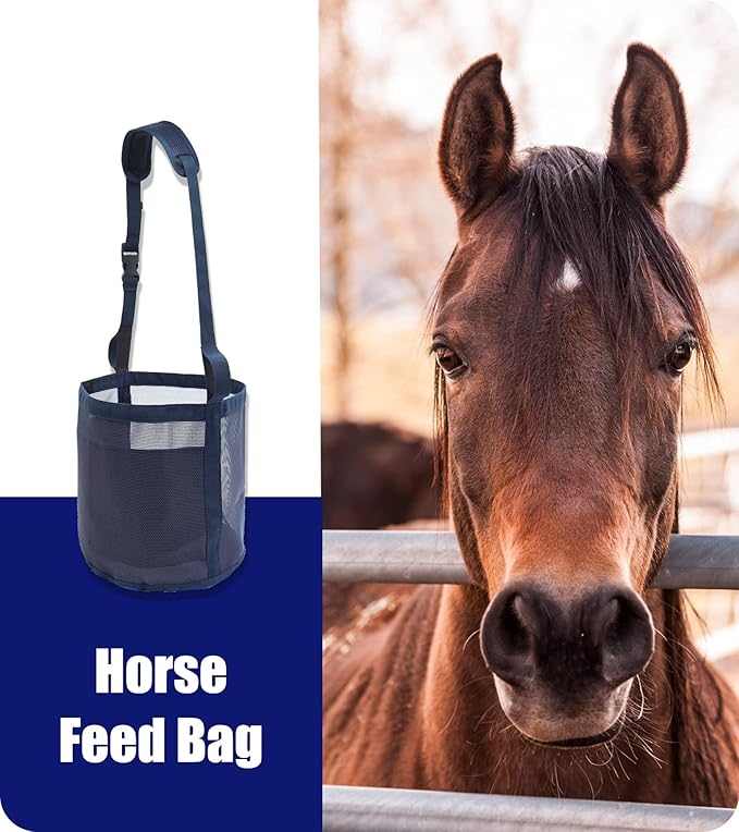 Horse Feed Bag for Grain - Heavy Duty Mesh Horse Feeder with Adjustable Strap,Comfort Neck Pad,Nose Pad Horse Muzzle Feed Bag(Medium,2PCSblue)