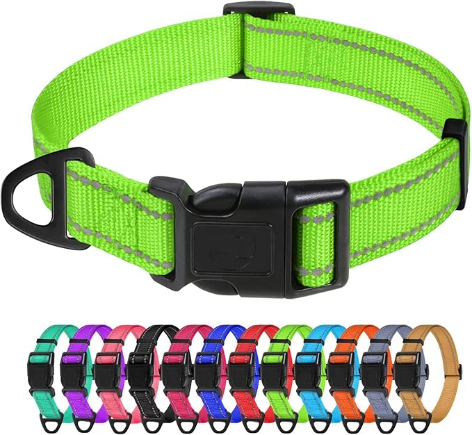 TagME Reflective Nylon Dog Collars, Adjustable Classic Pet Collar with Quick Release Buckle for Large Dogs, Green, 1.0" Width