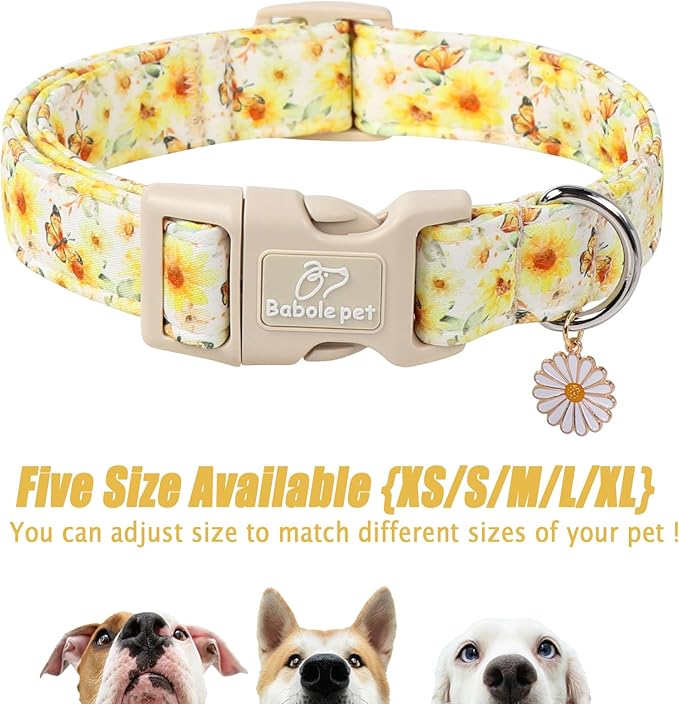 Sunflower Dog Collar, Adjustable Cute Dog Collars for Small Dogs, Lightweight Summer Fall Pet Collar with Quick-Release Buckle for Boy&Girl Dogs S