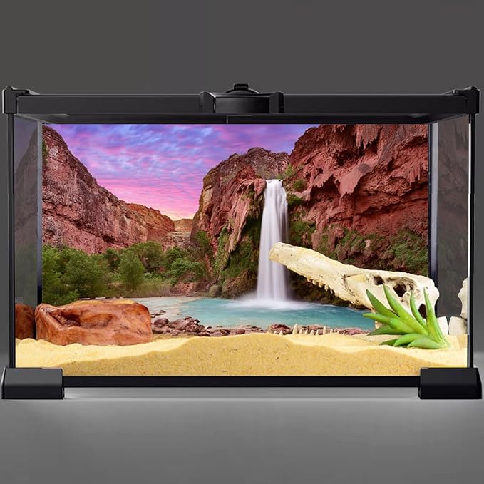 AWERT 48x20 inches Reptile Habitat Background Sunset Mountain Waterfall Terrarium Background