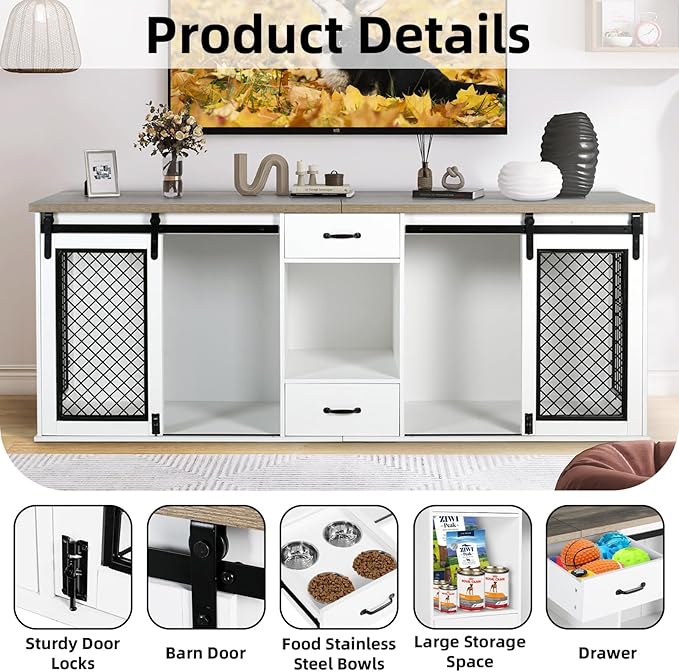 Extra Large Dog Crate Furniture, 85" Sliding Door Double Kennel for 2 Large Dogs Divided, Heavy Duty Wooden Dog Crate Kennel Furniture with 4 Dog Bowls and Drawer Indoor, White