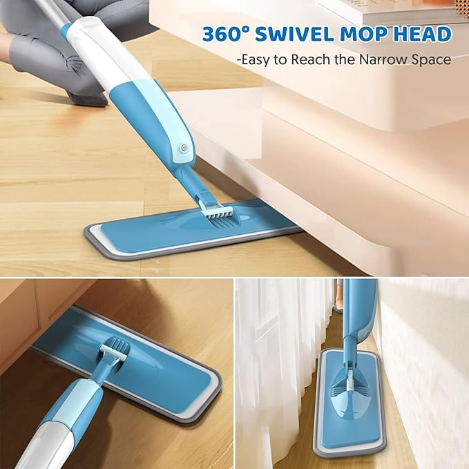 Spray Wet Mops for Hardwood Floor Cleaning - MEXERRIS Microfiber Dust Dry Mops with Spray 4 Reusable Washable Pads- Hardwood Floor Mop 2 Bottles Commercial Home Use for Laminate Wood Vinyl Tiles