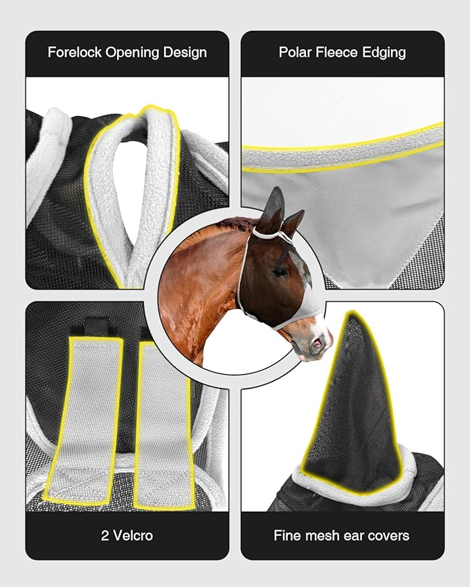 Hilltown Adjustable Fly Mask for Horse with Ears - UV-Block, Large Eye Space, Breathable, Built to Last, Comfort Fit - Horse Fly Mask for Daily Stable, Hot Weather Riding & Competition - Full, Grey