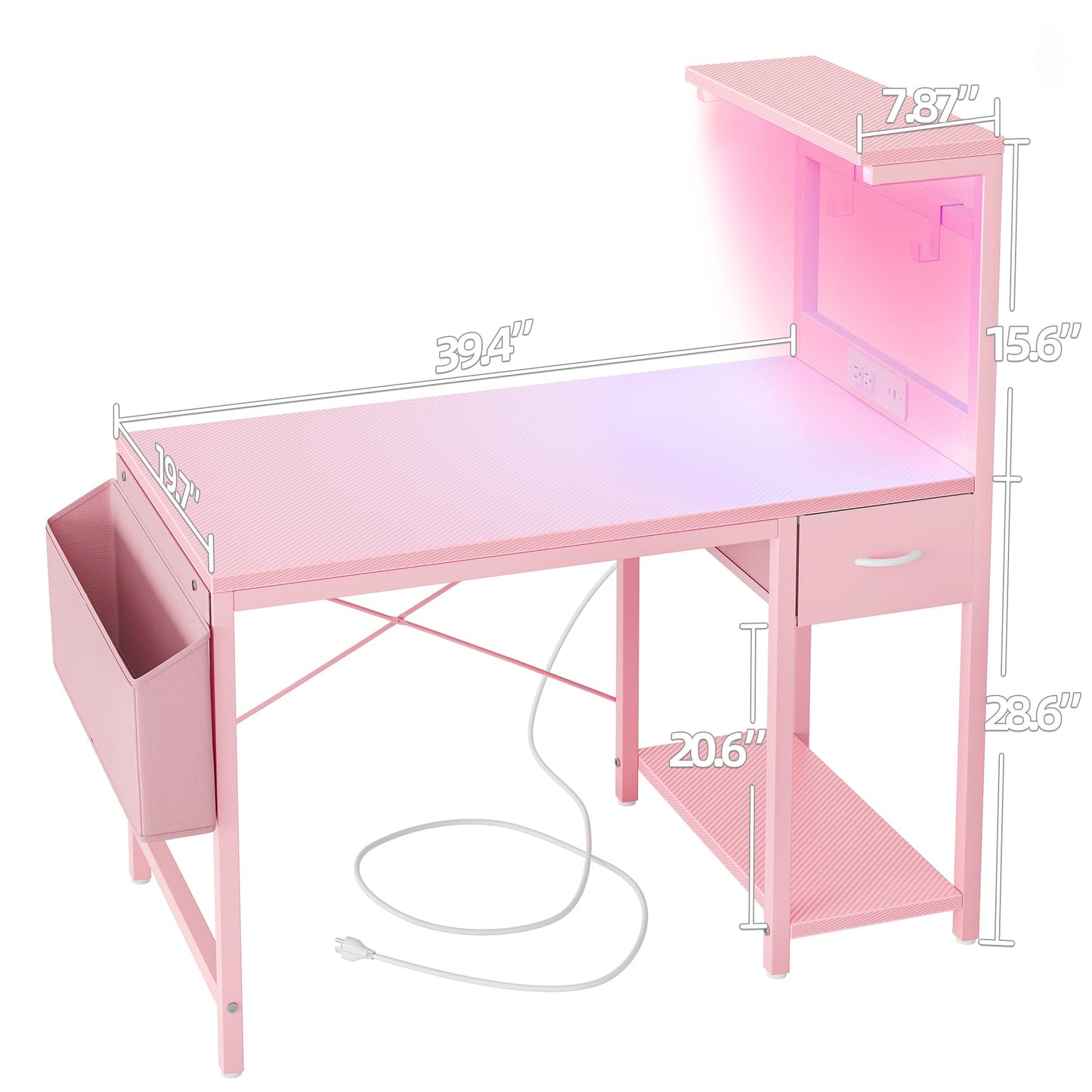 TIQLAB Gaming Desk 40 inch with Power Outlet and LED Light, Computer Desk with Reversible Shelves and Storage Drawer, Small PC Desk for Home Office Table with Bag, Carbon Fiber Pink