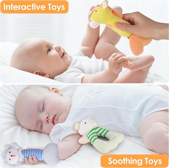 iPlay, iLearn Baby Toys 3 6 12 Month Newborn Gift, Infant Soft Jungle Stuffed Animal Rattle Plush Barn, First Birthday Basket Shower Stuffer, Boy Girl Sensory Hand Development Toy 2 4 7 9M 1 Yr-Jungle