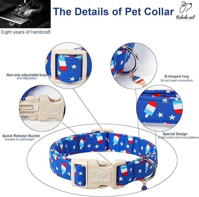 4th of July Dog Collar, Summer Popsicle Patriotic Dog Collars for Medium Dogs, Adjustable Lightweight Quick-Release Buckle Collar for Boy&Girl Dogs M