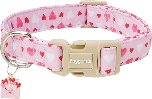 Faygarsle Valentine's Day Dog Collar, Pink with Red and White Hearts Pattern, Adjustable with Quick-Release Buckle and Heart Charm S