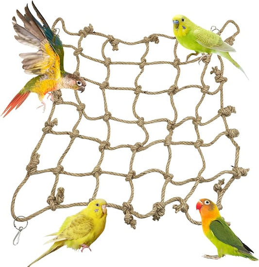Tfwadmx Natural Bird Rope Net, Large Size - 24''X24'' Parrot Swing Hammock, Bird Climbing Ladder Hanging Cage Perch Chew Toys for Budgies Macaw Conure Finch Cockatoo Budgie African Grey Parakeet