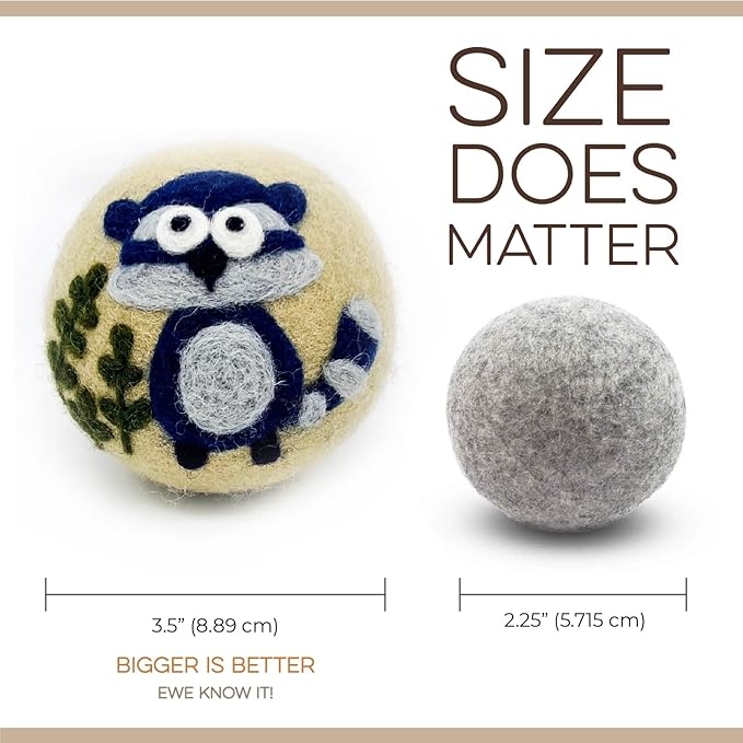 Fluff Ewes Wool Dryer Balls 3 Pack Premium New Zealand Wool Laundry Balls for Dryer, No Static Dryer Balls Laundry Reusable, XL Hedgehog Dryer Balls, Baby Dryer Balls for Dryers - Hedgehog and Homies
