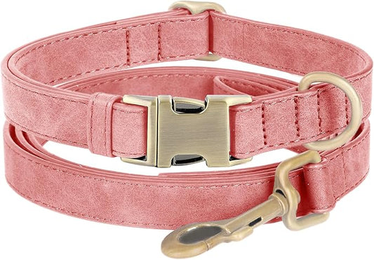 Genuine Leather Dog Collar - Adjustable Pet Collar with Quick Release Metal Buckle, Soft Skin Friendly Real Leather Collar for Small, Medium, Large Dogs (Pink Collar + Rope, L：Fit 15-23" Neck)