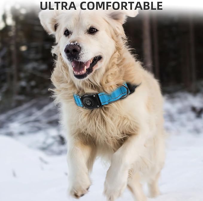 Airtag Dog Collar - 100% Waterproof Air tag Dog Collar Holder for Apple AirTag, Reflective, Soft Padded, Everlasting, GPS Dog Collar for Small Medium Large Dogs (Blue, M)