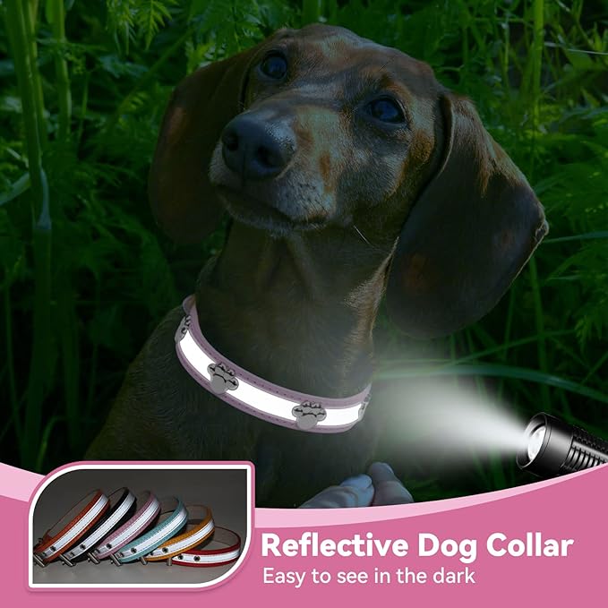 PETCARE Reflective Dog Collar with Cute Paw Rivet Studded Funny Soft PU Leather Adjustable Puppy Dog Collars for Small Medium Large Dogs Cats (Pink,Large)