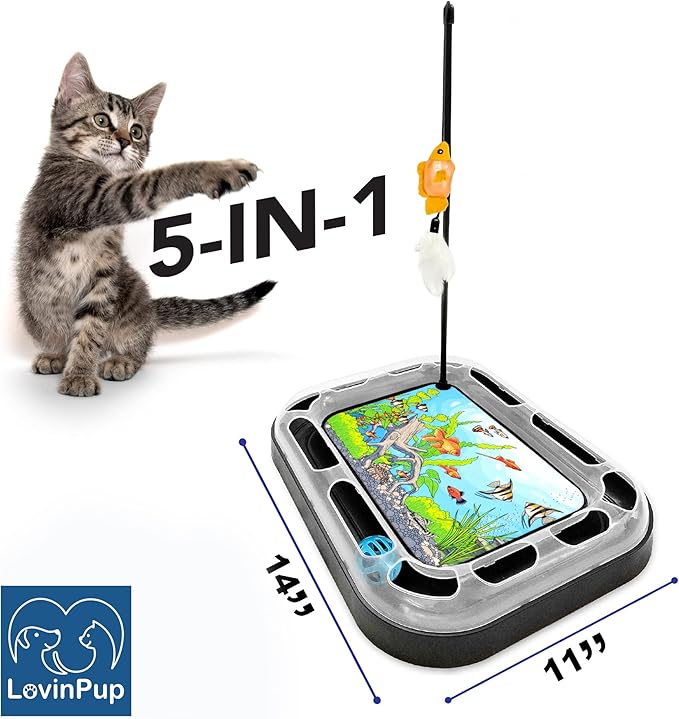 Cat Scratching Toy with Scratcher Board and Fish Aquarium Design, Fun and Exciting Catnip Cat Toy, Floppy Fish Toy with Feathers and Catnip Included