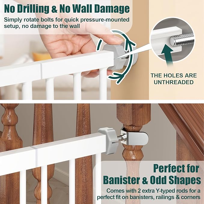keny 36" Extra Tall Baby Gate for Doorways, Fits Openings 29.7" to 46" Wide, Auto Close Pressured Mounted Dog Gate for Stairs, No Drilling Easy Install Pet Gate, White