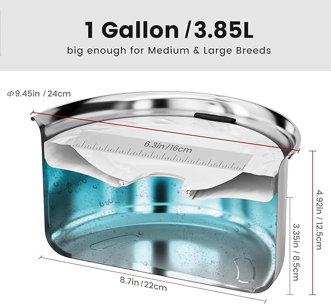 Gardner Pet Dog Bowls 1 Gallon (3.85L) Stainless Steel No Spill Water Bowl, Slow Water Feeder Metal Dog Bowls, Spill Proof Water Dispenser for Large Dogs, Promotes Healthy Hydration(White)