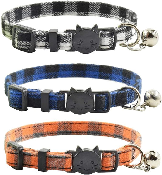 Breakaway cat Collars with Bell, Set of 3, Durable & Safe Cute Kitten Collars Safety Adjustable Kitty Collar for Cat Puppy 7.5-11in (Black,Blue,Orange)