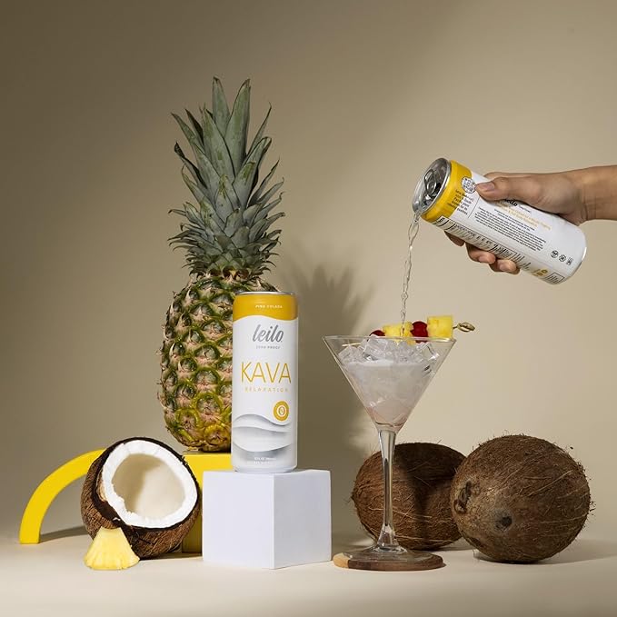 LEILO | Kava Powered Pina Colada Mocktail Drink | 12-Pack - Sugar-Free & Non-ALC Functional Relaxation Support | 12 fl oz Cans (Pack of 12)