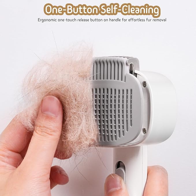 Self Cleaning Slicker Brush, 2-in-1 Cat Brush for Shedding, Skin Friendly Grooming Tool for Long & Medium-Long Hair Pets, Adjustable Bristle Length with Dematting Comb for Cats, Dogs