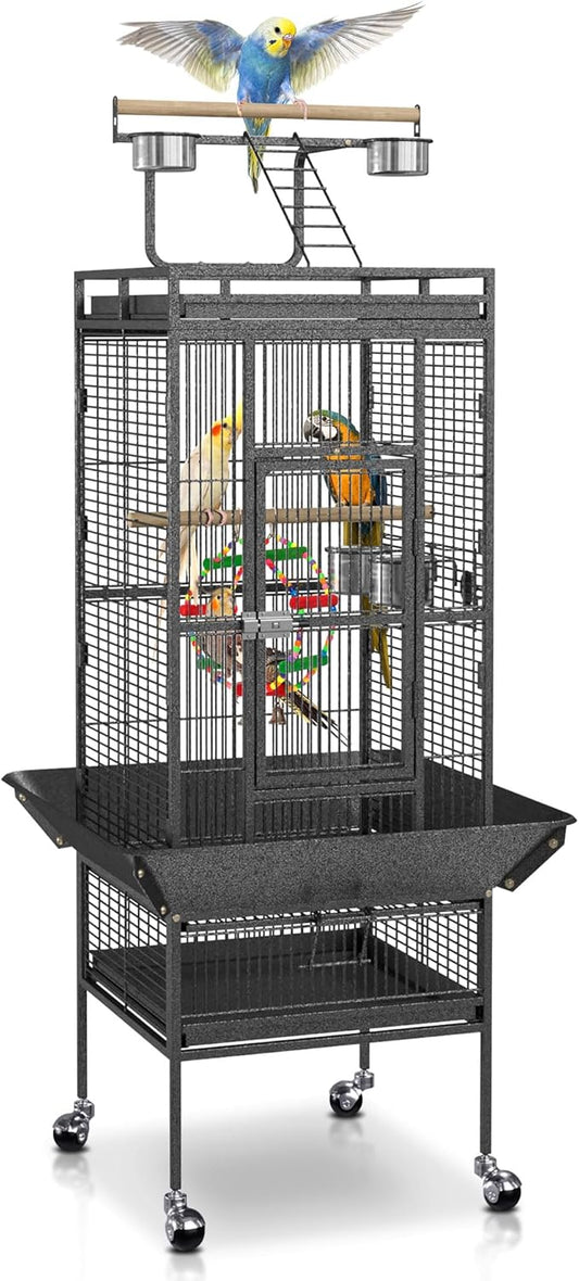 SUPER DEAL PRO 61-inch 2in1 Large Bird Cage with Rolling Stand Playtop Parrot Chinchilla Finch Cage Macaw Conure Cockatiel Cockatoo Pet House Wrought Iron Birdcage, Black