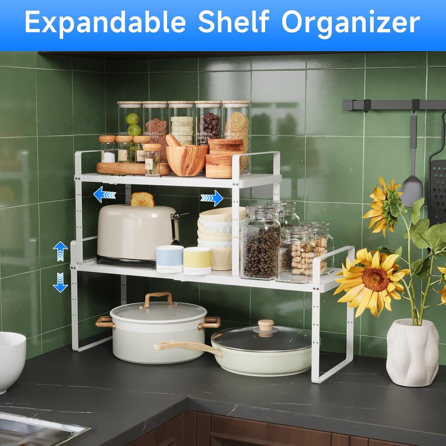 Expandable Cabinet Shelf Organizer, Stackable Kitchen Pantry Counter Storage, Adjustable Closet Cupboard Stand Rack Risers Spice Organization 80LBS Heavy Duty White 3 Pack
