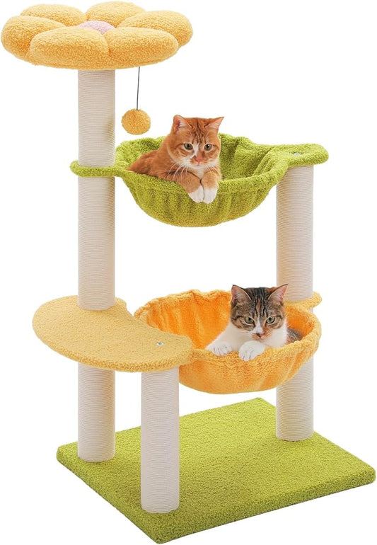 Flower Cat Tree with 2 Large Hammocks, 37.4" Small Cat Tower for Indoor Kitty with 6 Scratching Posts, Cute Cat Tree with Flower Top Perch, Yellow