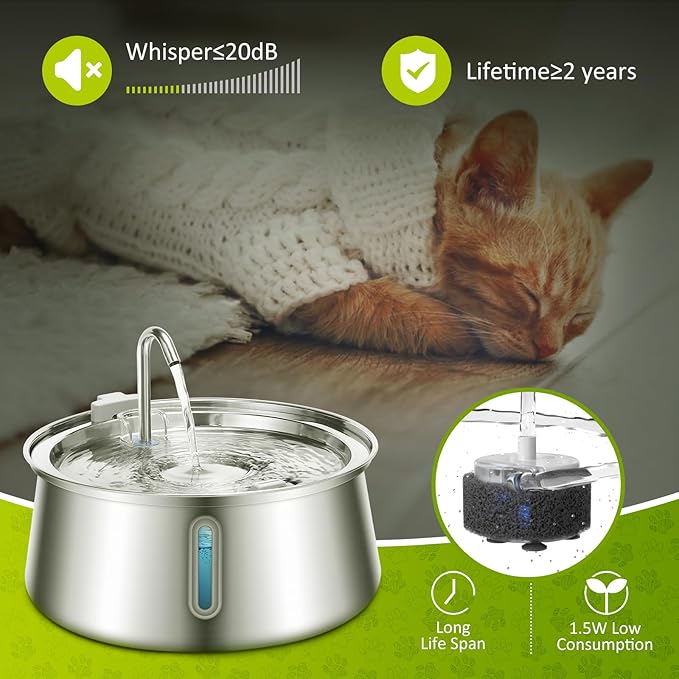 Cat Water Fountain Stainless Steel, 134oz/4L Automatic Pet Water Fountain with Water Level Window, Ultra Quiet Dog Water Dispenser with Filter and Sponge, Faucet Water Fountain for Cat, Dog