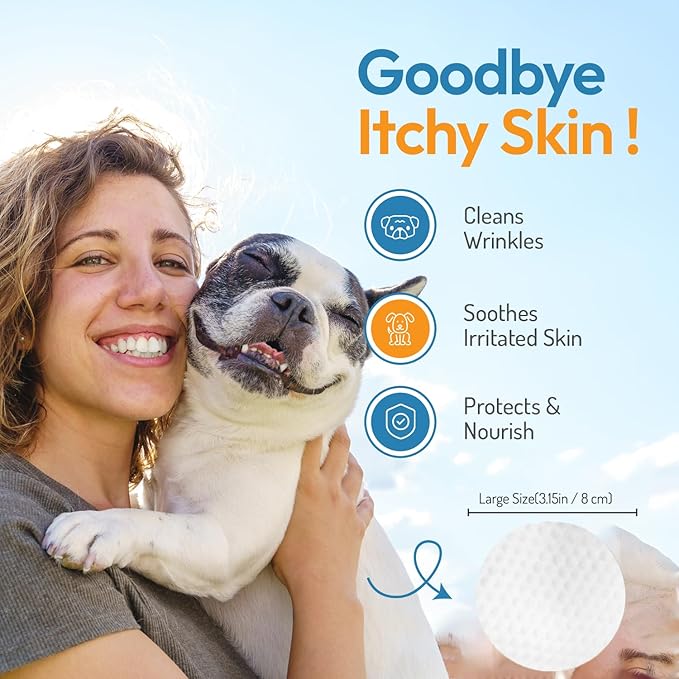 Bulldog Wrinkle Wipes for Dogs – Deodorizing & Soothing with Honeysuckle Extract – Non-Irritating, Cleans Wrinkles, Folds, Paws & Tail Pockets – for Bulldogs, Pugs & Frenchies (100 Count)
