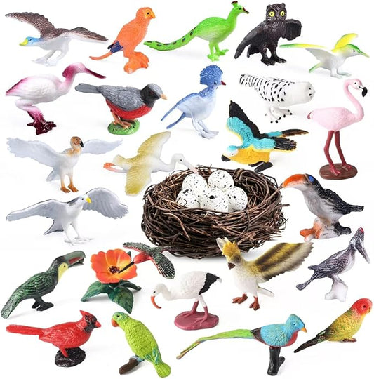 30Pcs Birds Animal Figures Playset,Assorted Realistic Bird Wildlife Toys with Nest Eggs,Parrot,Owl,Eagle,Hummingbird,Flamingo for Kids Educational Birthday Cake Decoration Party Favor School Projects
