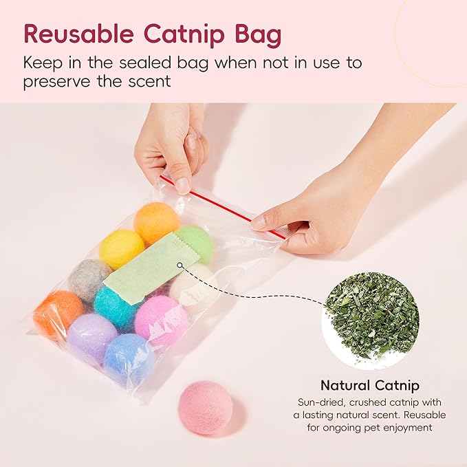Potaroma 12 Pcs Quiet Play Felt Cat Ball Toys with Catnip Inside, Cat Kicker Exercise Toys, Fun Colorful Kitty Kitten Toys 1.6 Inches