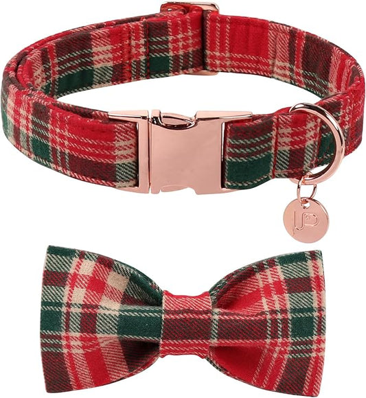 Christmas Plaid Dog Collar with Bow Tie– Adjustable Red & Green Checkered Dog Collar for Small Medium Large Dogs, Soft Xmas Plaid Puppy Collars with Quick Release Buckle XS