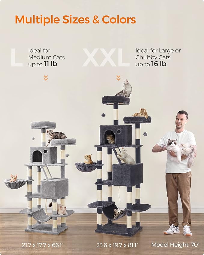 Feandrea Cat Tree, 81.1-Inch Large Cat Tower with 13 Scratching Posts, 2 Perches, 2 Caves, Basket, Hammock, Pompoms, Multi-Level Plush Cat Condo for Indoor Cats, Light Gray UPCT190W01