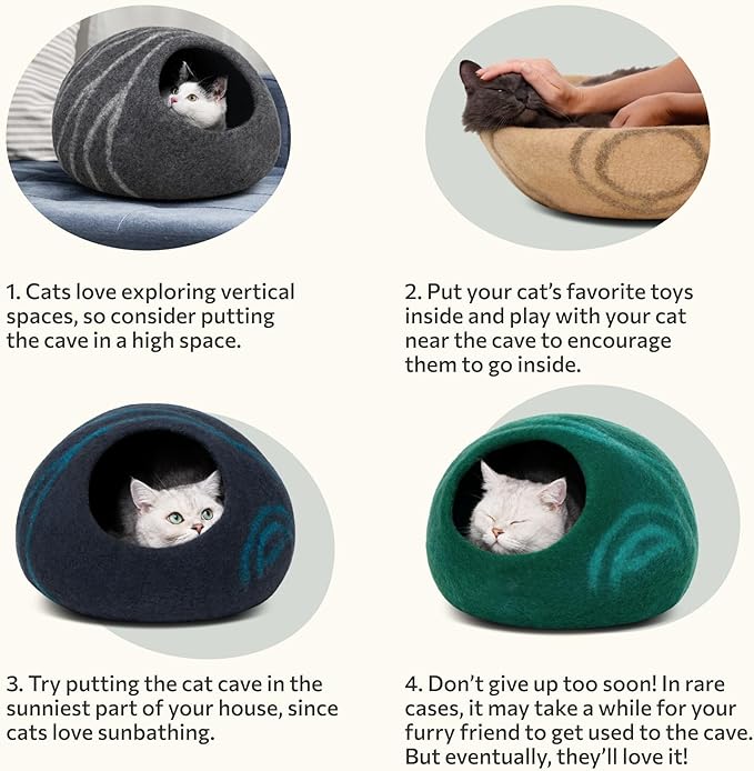 MEOWFIA Cat Cave – Premium Felt Cat Bed for Indoor Cats, Handmade 100% Merino Wool, Cat (Large, Black Aqua) (Pack of 2)