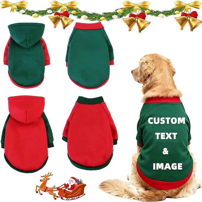 Custom Dog Hoodie, Personalized Sweatshirt with Photo Text Name Logo, Customized Hooded Sweater for Small Medium Large Dogs & Cats (Green + Red Sleeves, Medium)