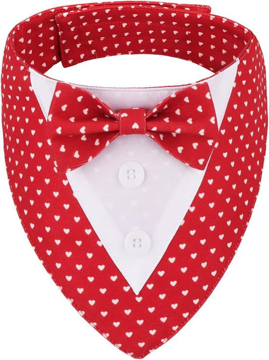 ADOGGYGO Valentine Dog Tuxedo Bandana, Red Heart Pet Tux with Bowtie Adjustable Valentine Costume for Medium Dogs Pets (M)