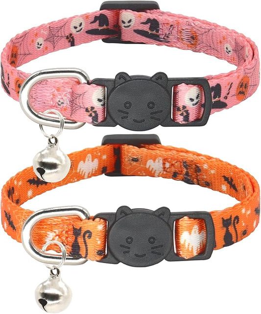 Halloween Cat Collar, 2 Pack, Breakaway Cute Cat Collar with Bells, Halloween Pink