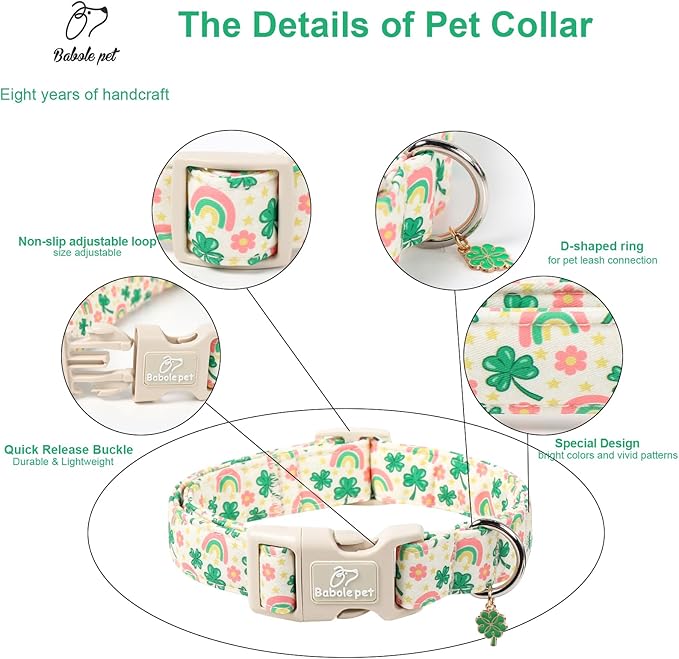 St. Patrick's Day Dog Collar for Large Dogs - Cute Shamrock & Rainbow Print Dog Collars, Irish Green Party Puppy Collar, Lightweight Adjustable St. Patricks Day Pet Collars XL