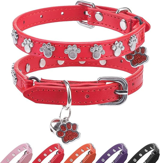 SCENEREAL Cat Collar with Bells, Leather Cat Collars with Paw Studded, Adjustable Pet Collars for Boy Girl Cats,Soft Cute Cat Collar for Kitty Puppy Small Big Cats, Red