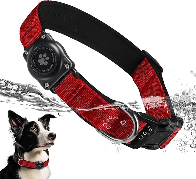 Upgraded AirTag Dog Collar, IP68 Waterproof Air Tag Dog Collar Holder, Reflective, Ultra-Durable, Comfortable Padded, Heavy Duty Dog Collars for Small Medium Large Dogs (XL (15.6"-22"), Red)
