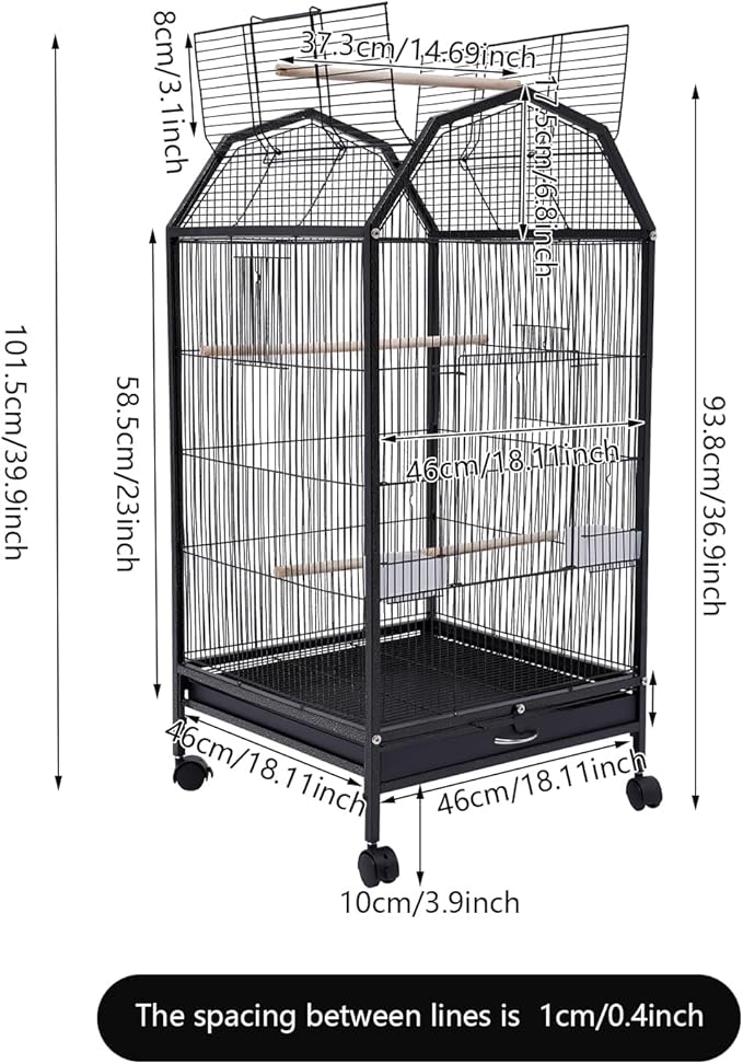 Large Bird Cage with Stand, “18 x 18 x 40” Black Metal Flight Bird Cage for Parrots, Cockatoos, Parakeets, and Small Birds, 5 Doors and Wheels, Includes Feeding Cups