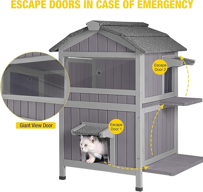 Aivituvin Outdoor Cat House，Two-Story Feral Cat Shelter，Weatherproof Cat Enclosure for Winter with Escape Doors