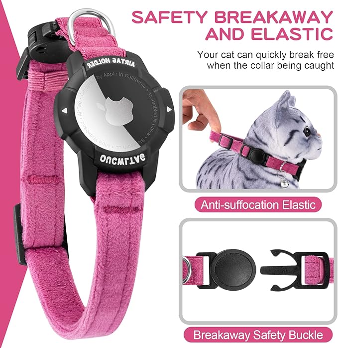 Luminous AirTag Cat Collar Breakaway, OUCWLTAG GPS Cat Collar with Apple Air Tag Holder, Cat Tracker Collars with Safety Elastic Band for Girl Boy Cats, Kittens and Puppies (Pink, 7-10 Inch)